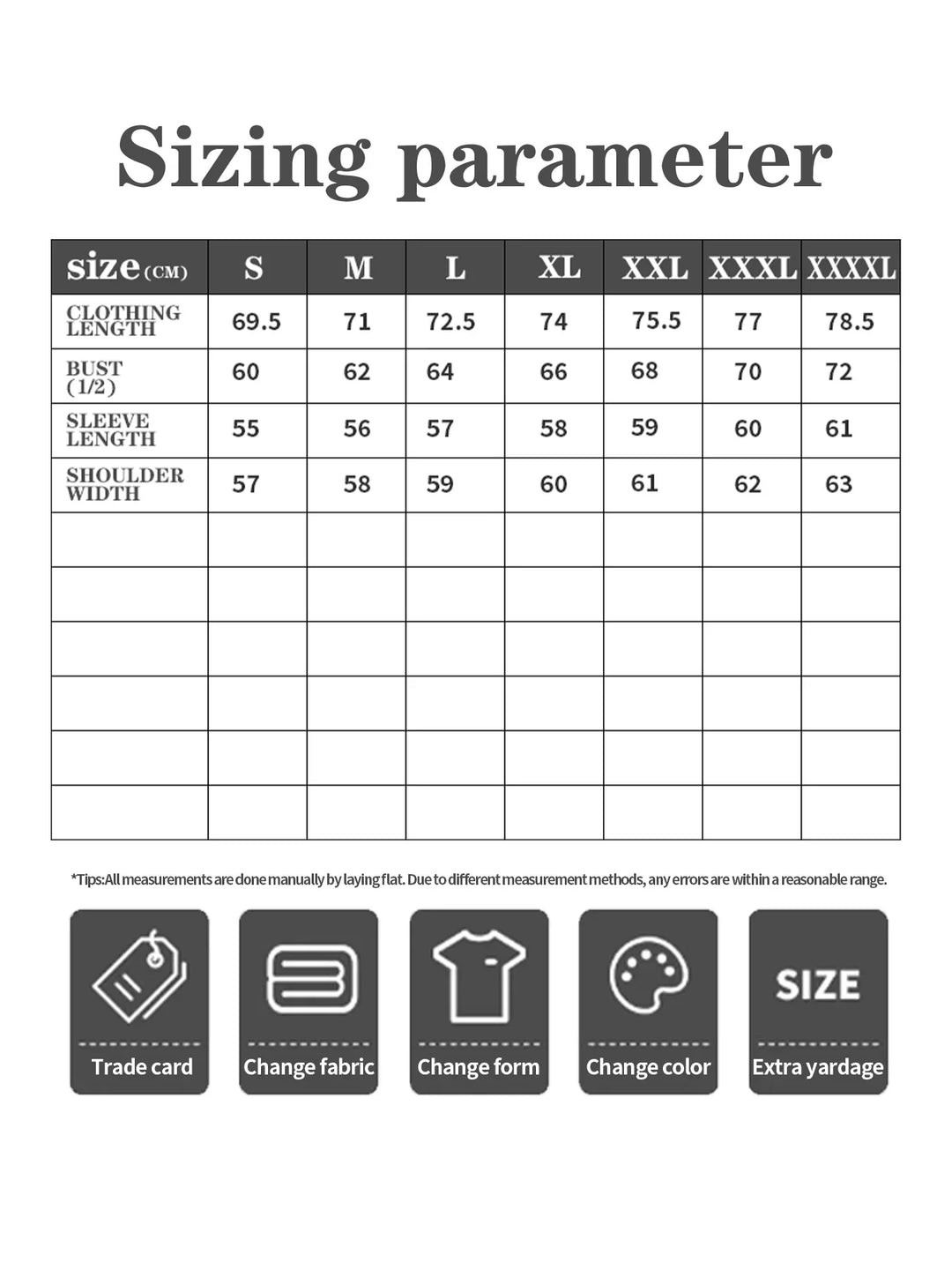 Clothing size chart with measurements for sizes S to XXXXL including length, bust, sleeve, and shoulder width
