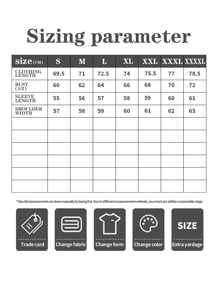Clothing size chart with measurements for sizes S to XXXXL including length, bust, sleeve, and shoulder width