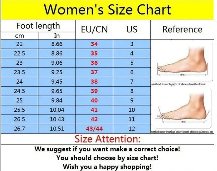 Women's shoe size chart showing foot length in cm/in, EU/CN sizes 34-44, US sizes 3-12, with foot length measurement guide