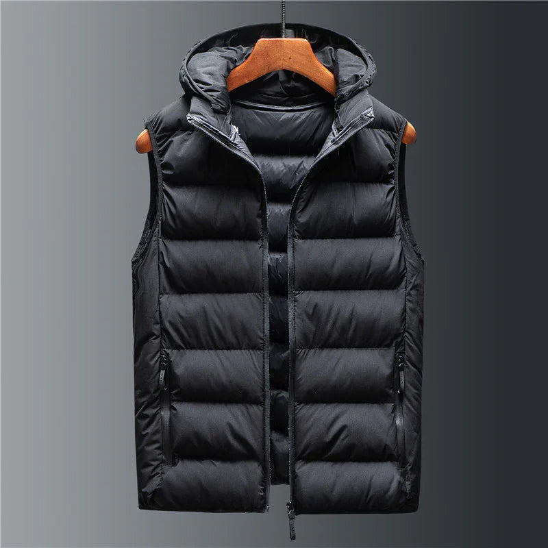Black puffer sleeveless vest with hood on wooden hanger, insulated winter jacket