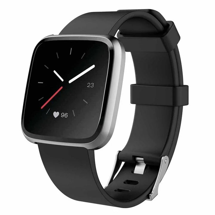 Black fitness smartwatch with heart rate monitor and sleek silicone wristband