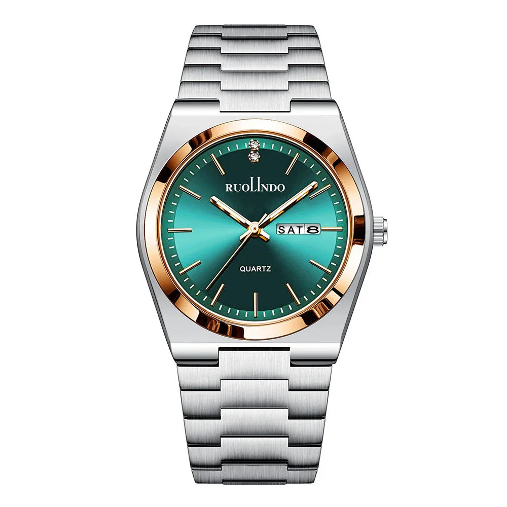 Silver stainless steel wristwatch with green dial, gold bezel, day-date display, and quartz movement