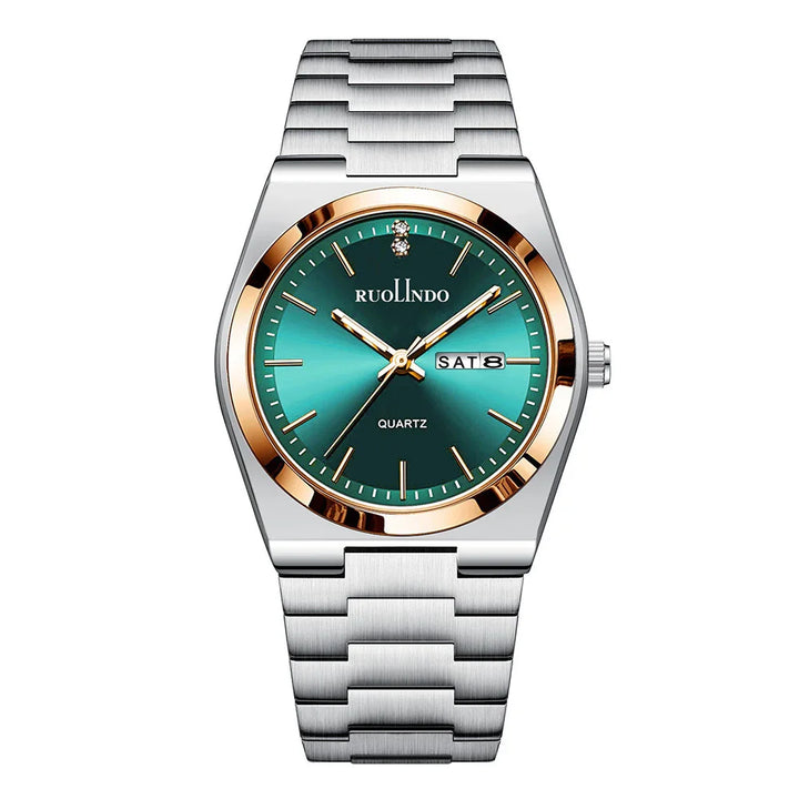 Silver stainless steel wristwatch with green dial, gold bezel, day-date display, and quartz movement