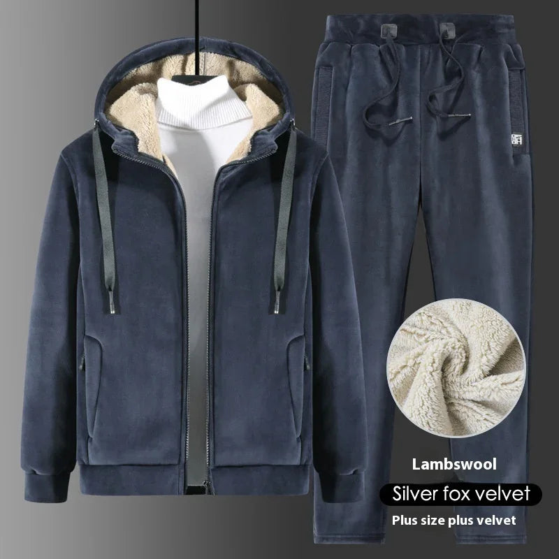 Men's navy blue lambswool fleece hoodie and sweatpants set with white turtleneck sweater