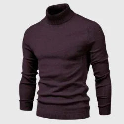 Dark purple men's turtleneck sweater with long sleeves, ribbed cuffs and hem