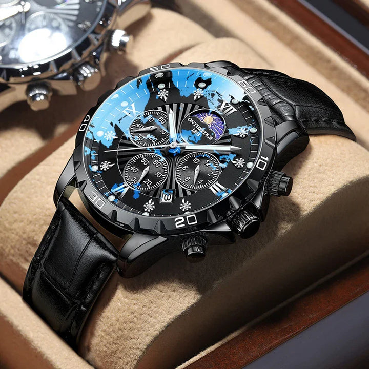 Luxury black chronograph wristwatch with leather strap and multiple dials in display box