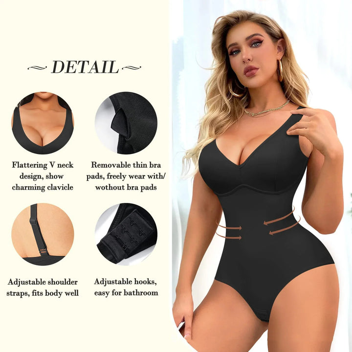 Woman wearing black shaping bodysuit with V-neck, adjustable straps, removable bra pads, and hooks
