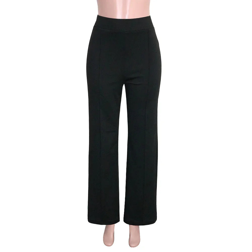 Black high-waisted, straight-leg women's pants on mannequin with white background