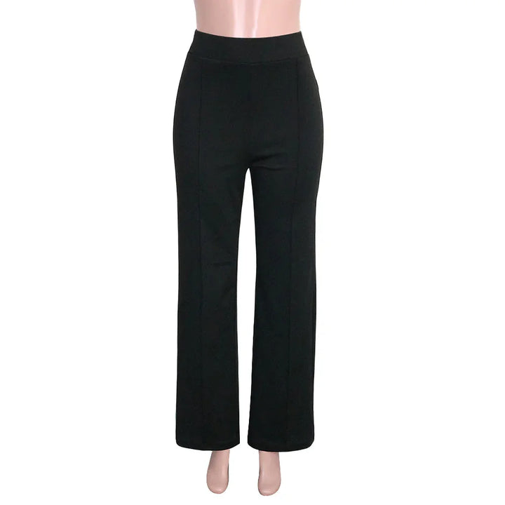 Black high-waisted, straight-leg women's pants on mannequin with white background