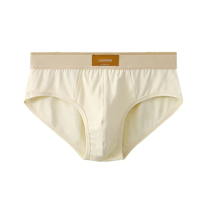 Beige cotton men's briefs with elastic waistband and label on front center