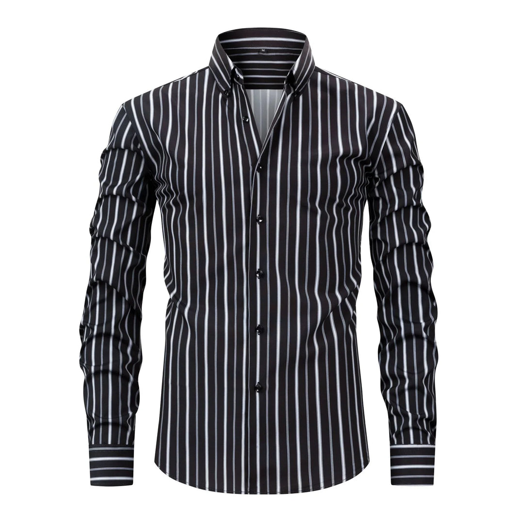 Black men's slim fit dress shirt with vertical white stripes and button-down collar