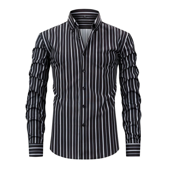 Black men's slim fit dress shirt with vertical white stripes and button-down collar