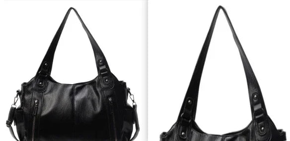 Black leather handbag with shoulder straps and metal zipper accents on white background
