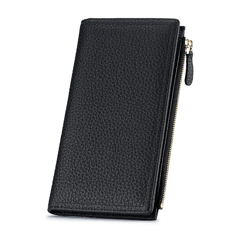 Black textured leather zippered wallet with sleek design on white background