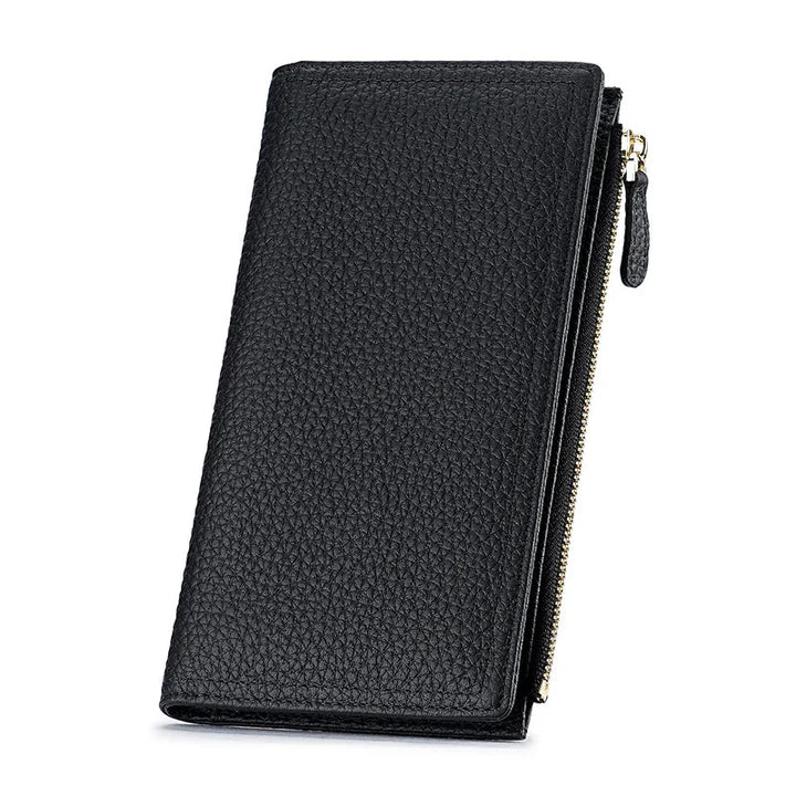 Black textured leather zippered wallet with sleek design on white background