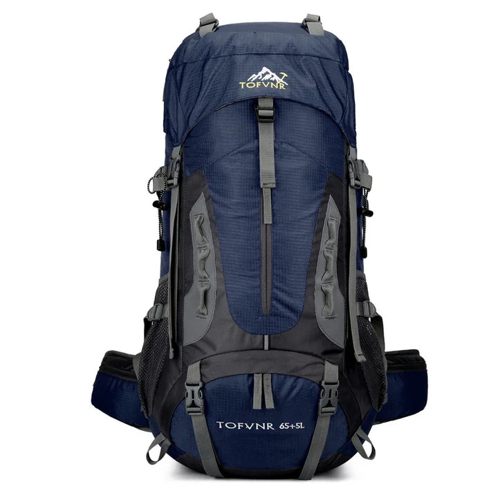 TOFVNR 65+5L navy blue hiking backpack with multiple straps and compartments