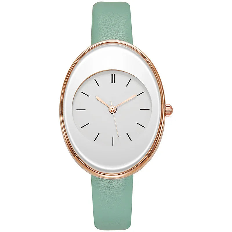 Oval rose gold women's wristwatch with white dial and mint green leather strap