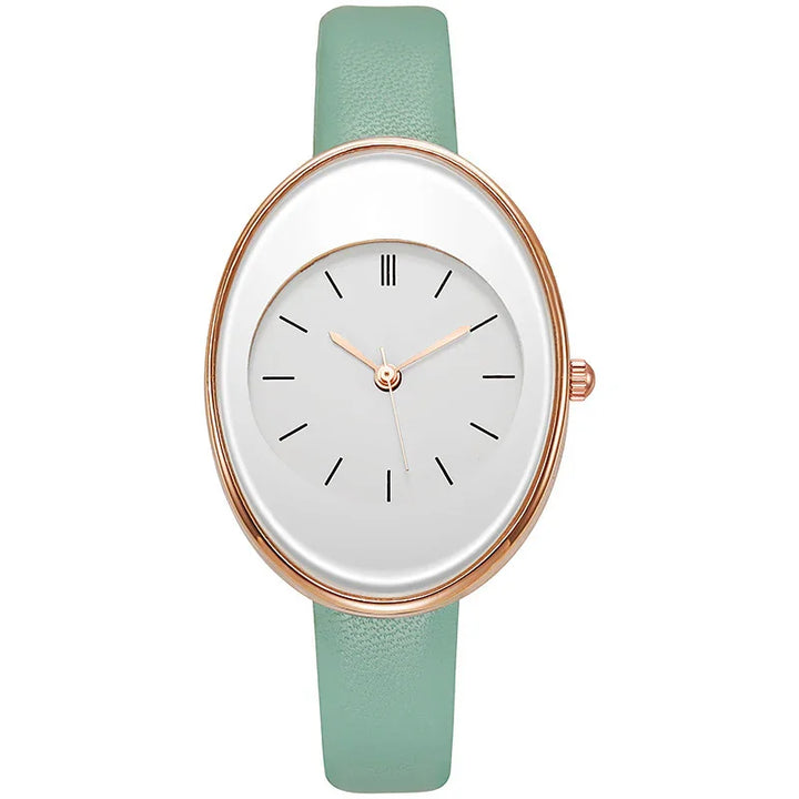 Oval rose gold women's wristwatch with white dial and mint green leather strap
