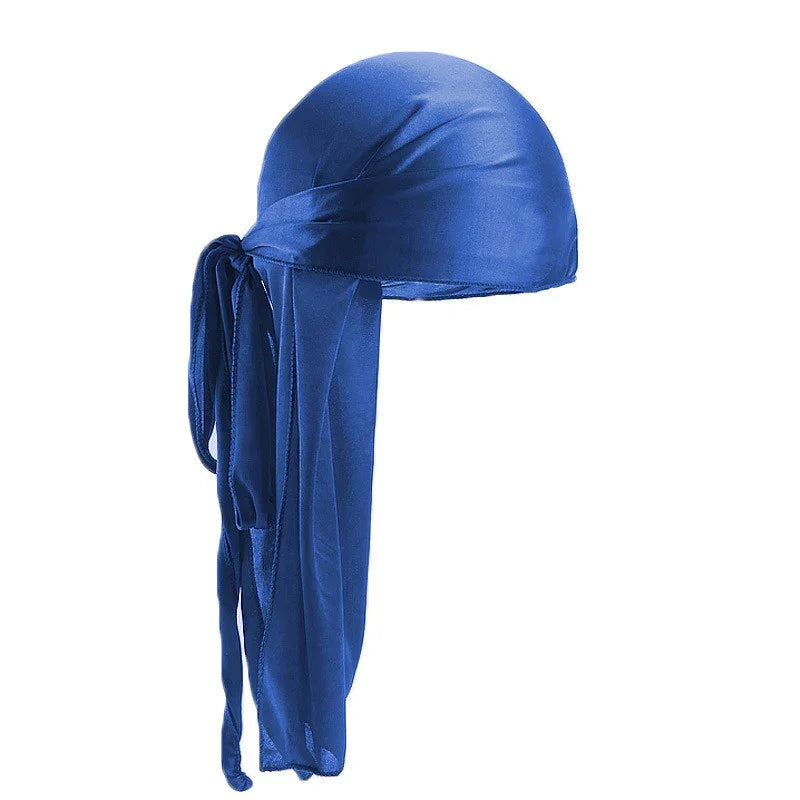 Blue satin durag with long tail and tied knot for stylish headwear