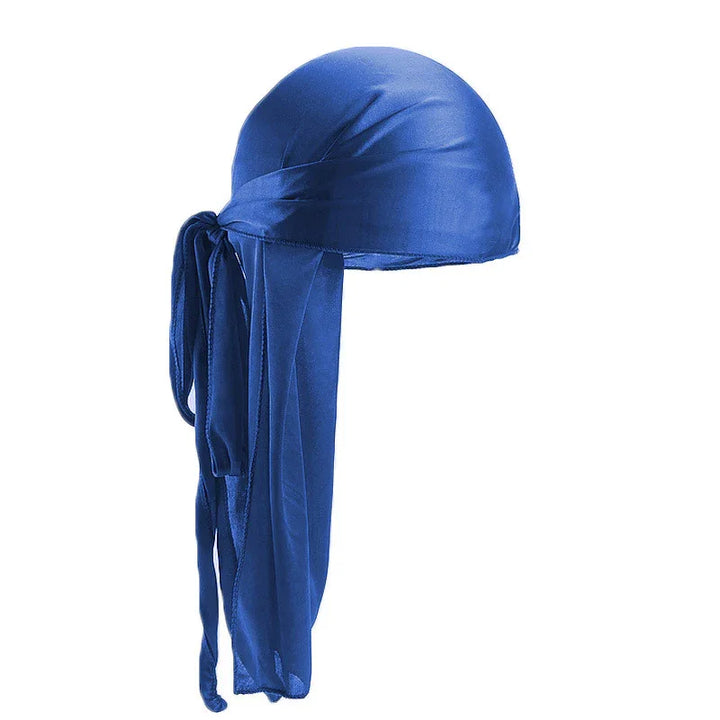 Blue satin durag with long tail and tied knot for stylish headwear