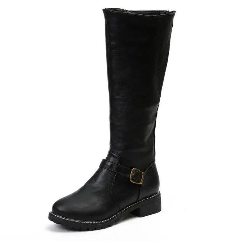 Black knee-high leather boot with side buckle and rugged sole on white background
