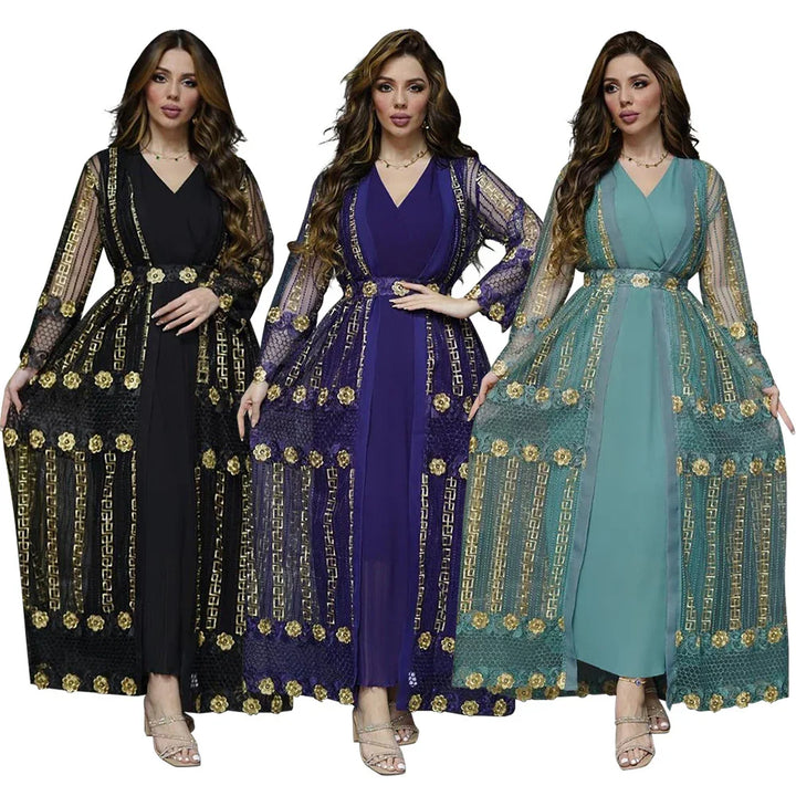 Women modeling long semi-sheer embroidered abaya dresses in black, purple, and teal with gold floral details