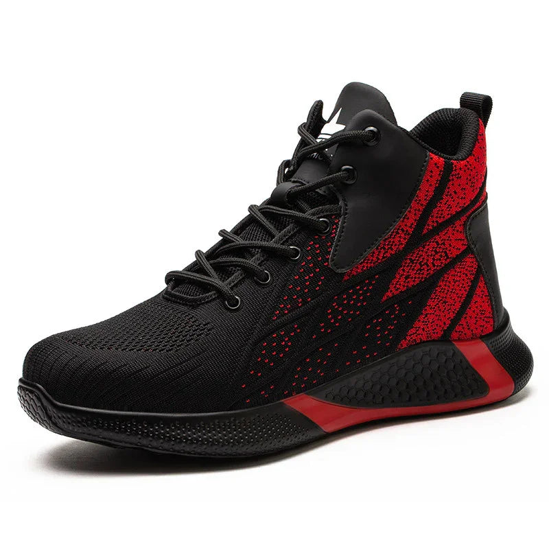 Black and red high-top athletic sneaker with mesh upper and textured sole