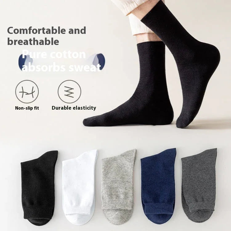 Black cotton socks worn, cream pants, five pairs of socks in black, white, gray, navy, and dark gray on beige background, breathable cotton