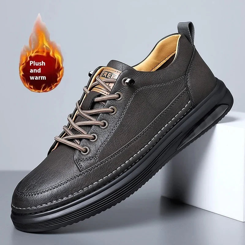 Black leather casual men's shoe with plush warm lining and sturdy rubber sole