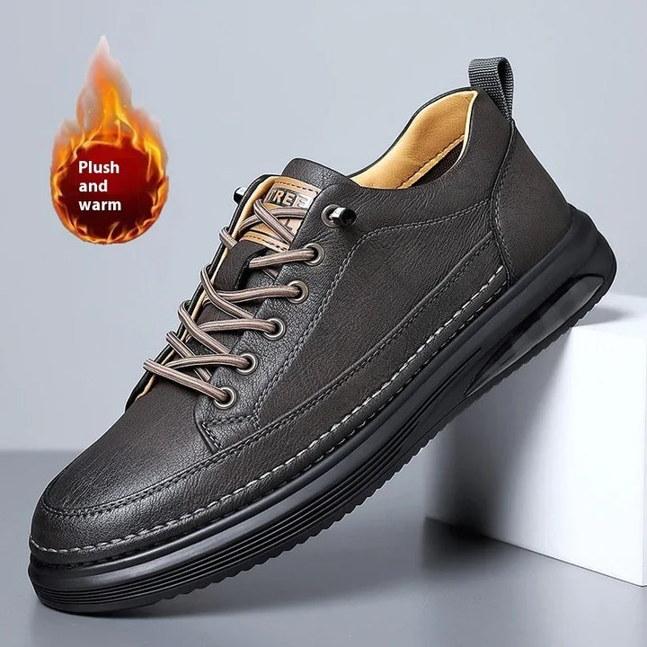 Black leather casual men's shoe with plush warm lining and sturdy rubber sole