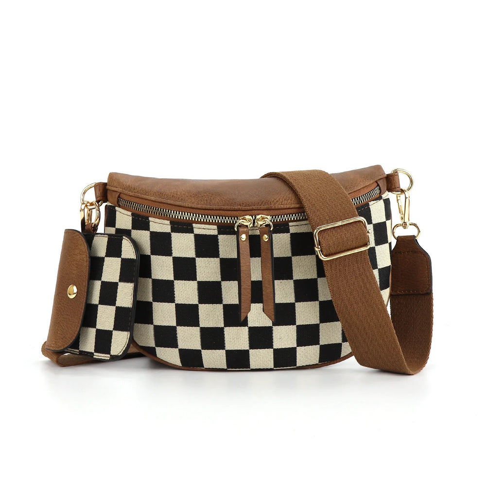Brown and black checkered crossbody bag with gold zipper and adjustable strap