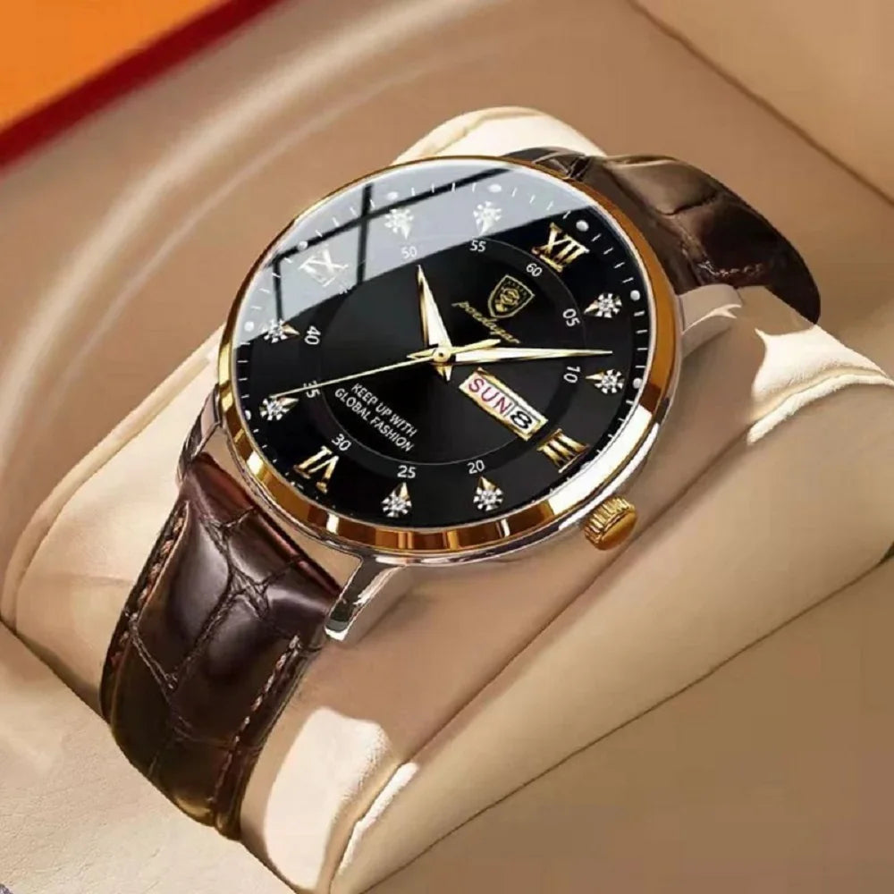 Luxury wristwatch with black and gold dial, leather strap, Roman numerals, and day-date display