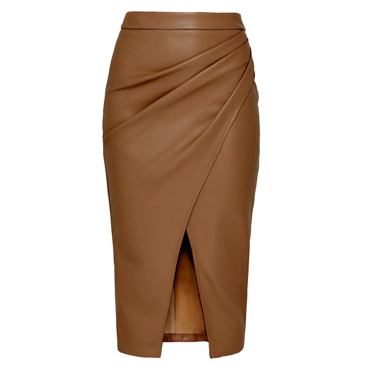 Brown faux leather midi skirt with wrap front and front slit detail