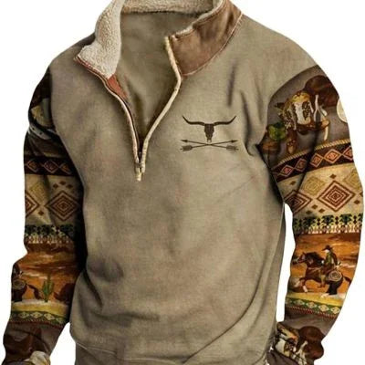 Western western-style pullover with sherpa lining and detailed desert and cowboy print sleeves