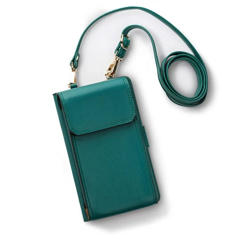 green crossbody phone bag with adjustable strap and gold hardware on white background