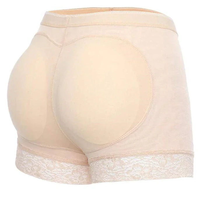 Beige padded shapewear shorts with lace trim designed for butt lift and body contouring