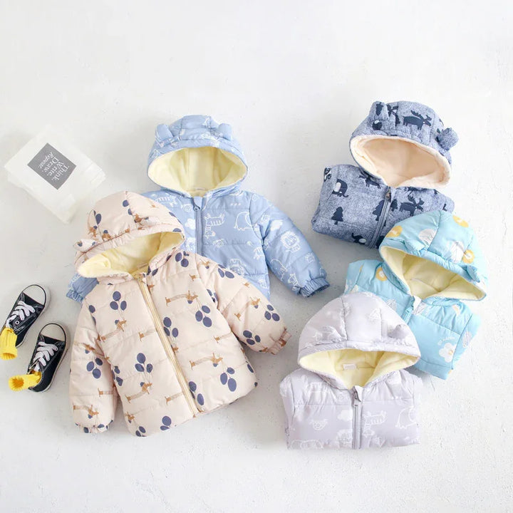 Assorted colorful toddler hooded winter jackets with animal prints displayed on white background