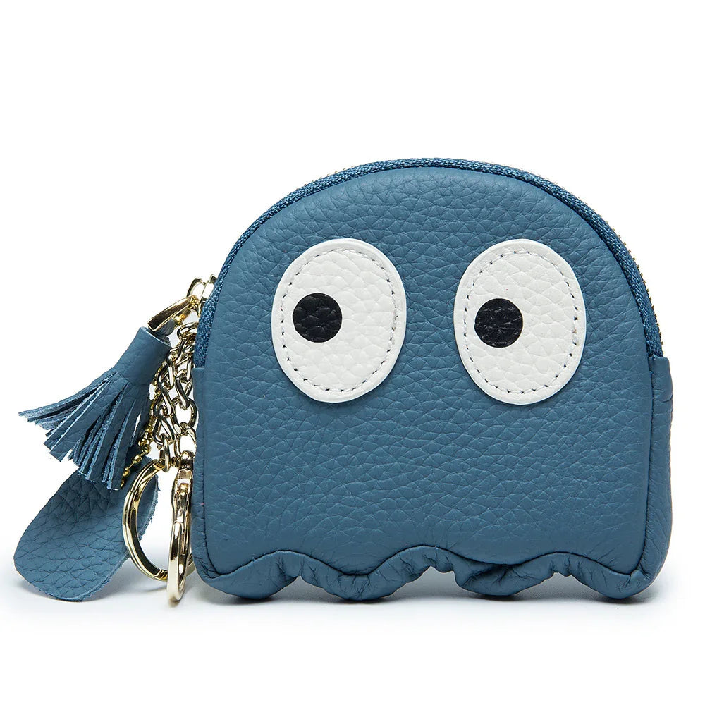Blue leather coin purse shaped like a ghost with large white eyes and keychain attachments