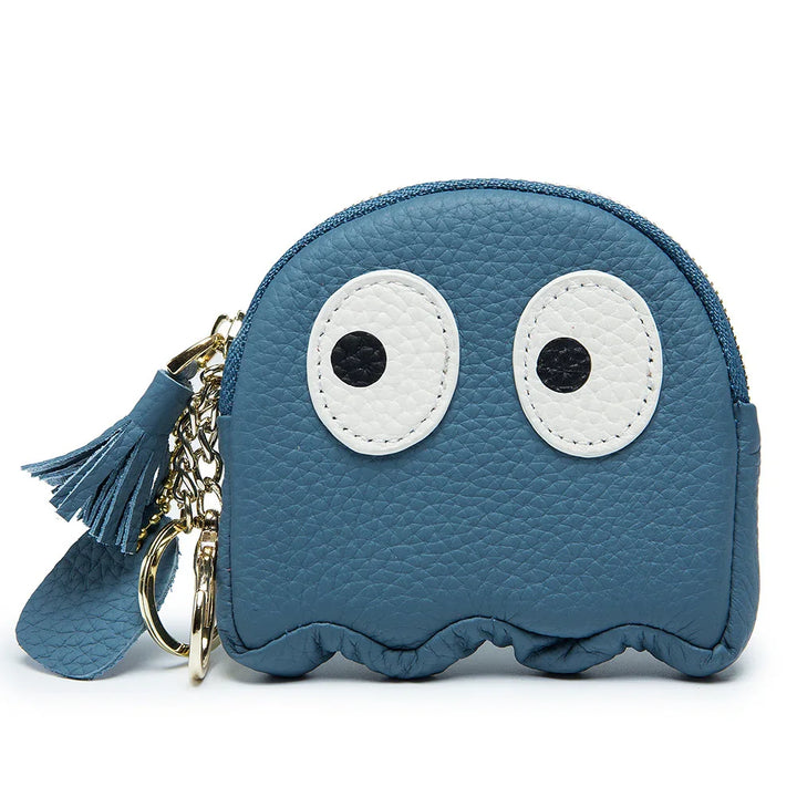 Blue leather coin purse shaped like a ghost with large white eyes and keychain attachments