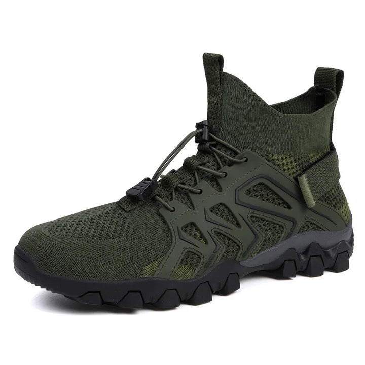 olive green high-top knit sneaker with rugged black sole and adjustable lace toggle