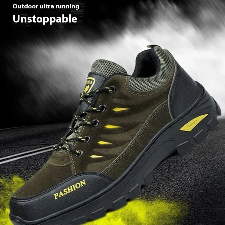 Dark green and black outdoor ultra running shoe with yellow accents and thick sole on asphalt road
