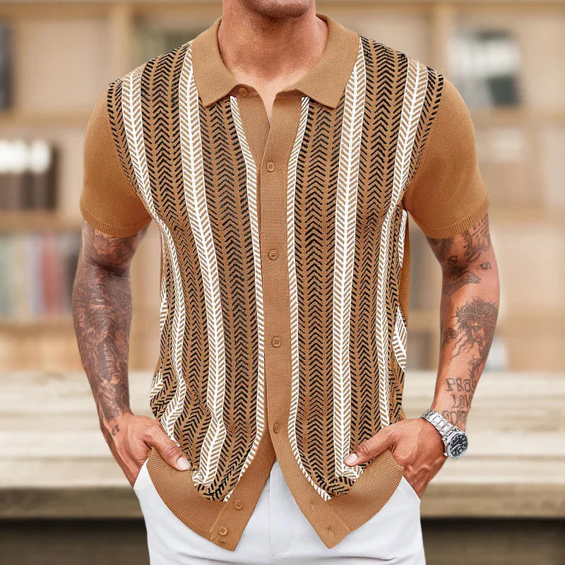 Man wearing brown short-sleeve button-up knit shirt with black and white vertical chevron stripes