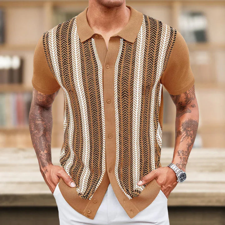 Man wearing brown short-sleeve button-up knit shirt with black and white vertical chevron stripes