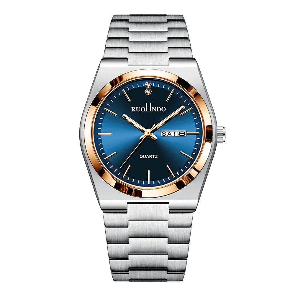 Ruolindo men's quartz wristwatch with blue dial, gold bezel, day-date display, and silver metal bracelet