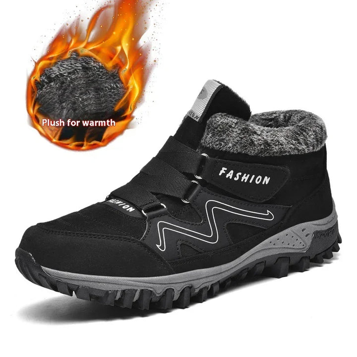 Black winter hiking boot with plush warm fur lining and rugged gray sole for outdoor fashion