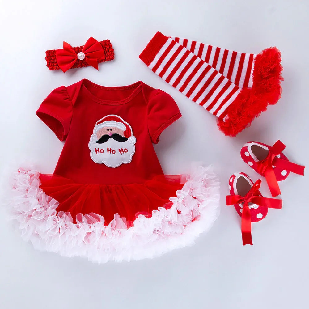 Red baby Christmas dress with Santa print, striped leggings, polka dot shoes, and red bow headband