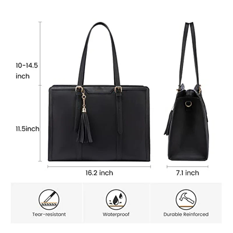 Black leather tote bag with tassel, dimensions 16.2x11.5x7.1 inches, tear-resistant, waterproof, durable reinforcement