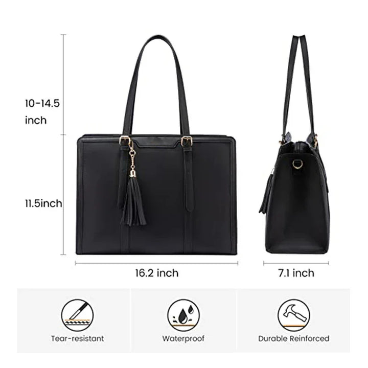 Black leather tote bag with tassel, dimensions 16.2x11.5x7.1 inches, tear-resistant, waterproof, durable reinforcement