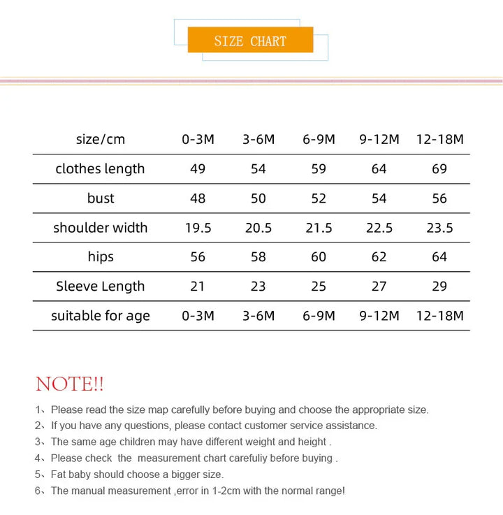 Infant clothing size chart for 0-18 months with measurements for length, bust, shoulder, hips, and sleeves
