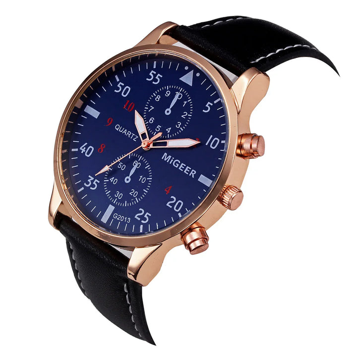 MiGEER quartz wristwatch with blue dial, rose gold case, black leather strap, and red numeric accents